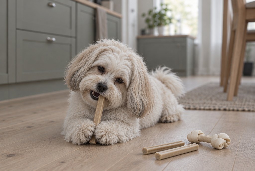 Lille krøllet hvid hund tygger tyggeben på trægulv i lyst køkken, flere tyggeben ved siden af