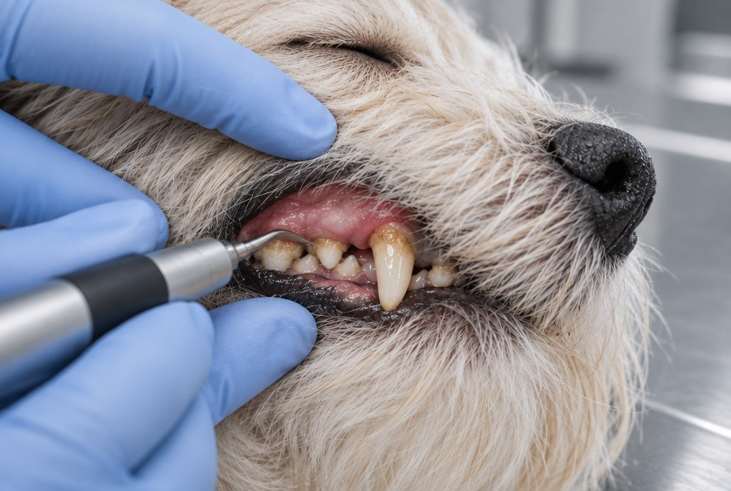 Dyrlæge udfører tandrens på hund, blå handsker fjerner tandsten fra tænderne