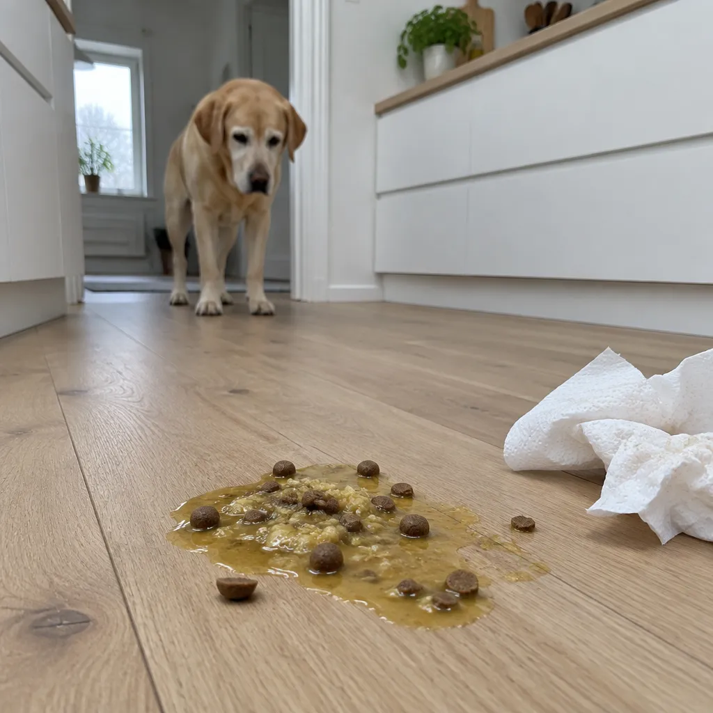 Gul labrador kigger på en plet med halvt fordøjet tørfoder på et trægulv i køkkenet