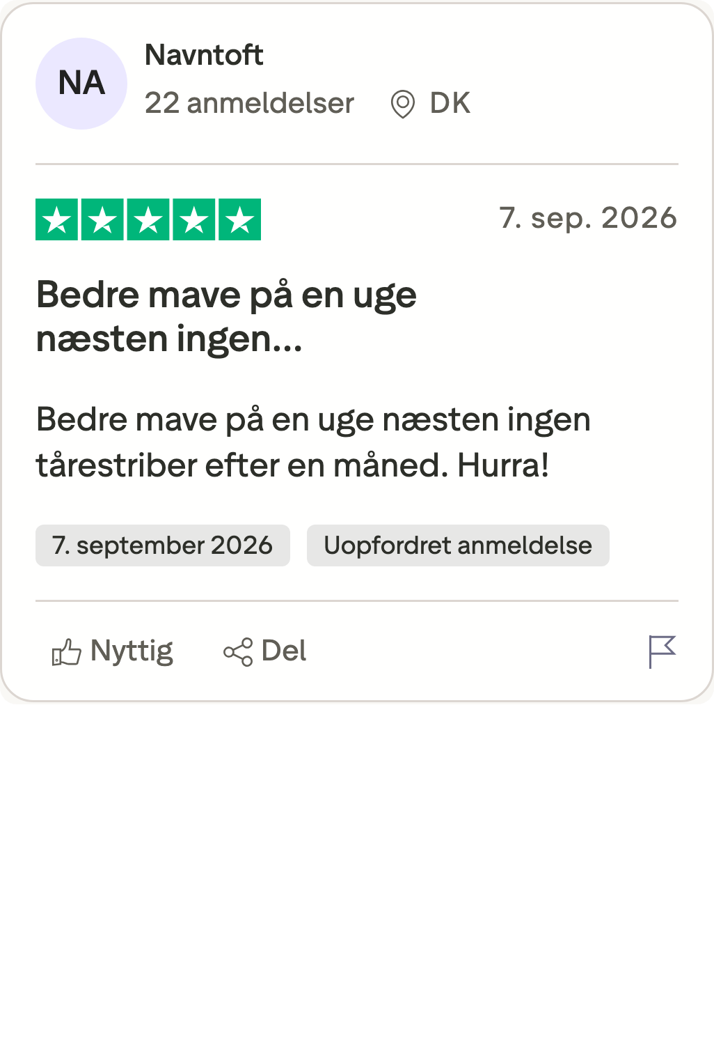 Trustpilot-anmeldelse af Probiotika+ fra Navntoft: bedre mave på en uge og næsten ingen tårestriber efter en måned