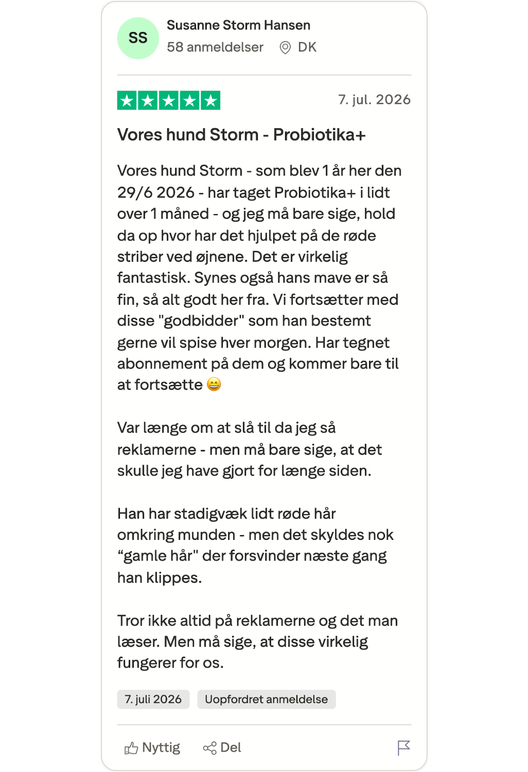 Trustpilot-anmeldelse af Probiotika+ om hunden Storm efter en måned