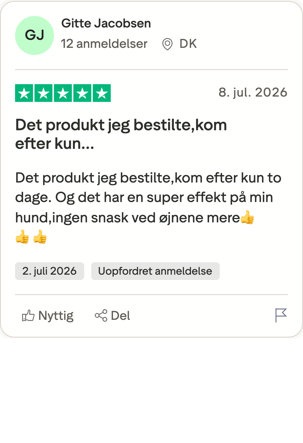Trustpilot-anmeldelse af Probiotika+ fra Gitte: ingen snask ved øjnene