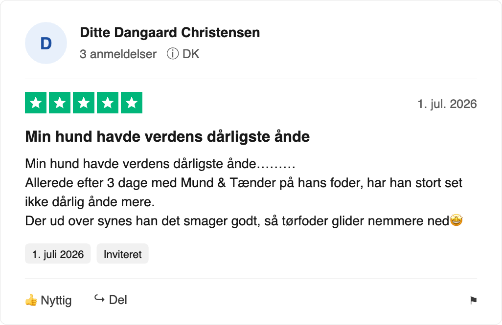 Femstjernet anmeldelse: produkt fjerner hunds dårlige ånde efter 3 dage, smager godt