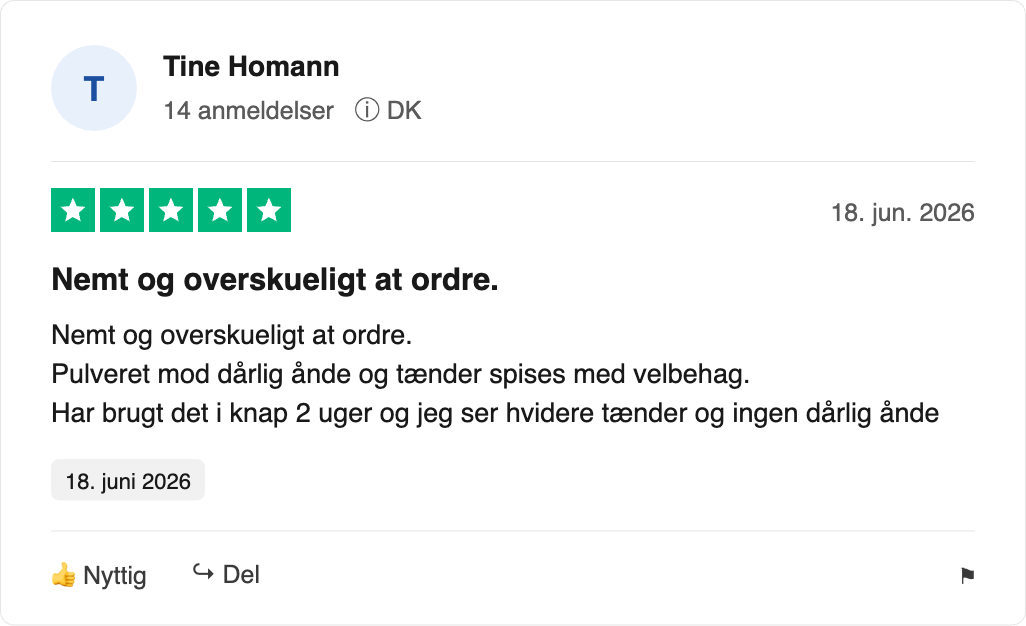 5-stjernet anmeldelse fra Tine Homann: nemt at bestille, pulver mod dårlig ånde giver hvidere tænder efter ca. 2 uger