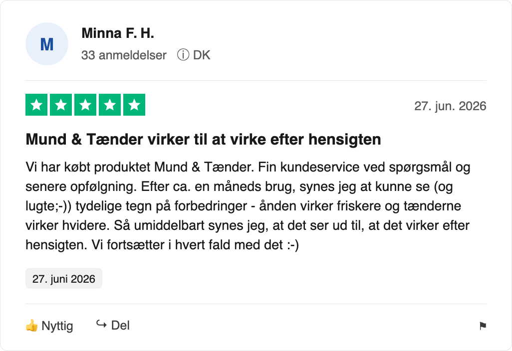 Femstjernet kundeanmeldelse (DK) af Mund & Tænder: positiv effekt, friskere ånde og hvidere tænder, 27. juni 2026