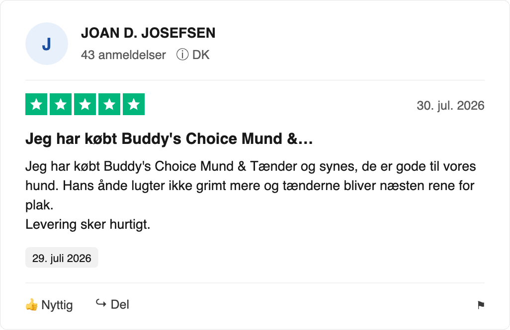 Femstjernet anmeldelse af JOAN D. JOSEFSEN fra DK om Buddy's Choice, ros for friskere ånde og rene tænder, hurtig levering.