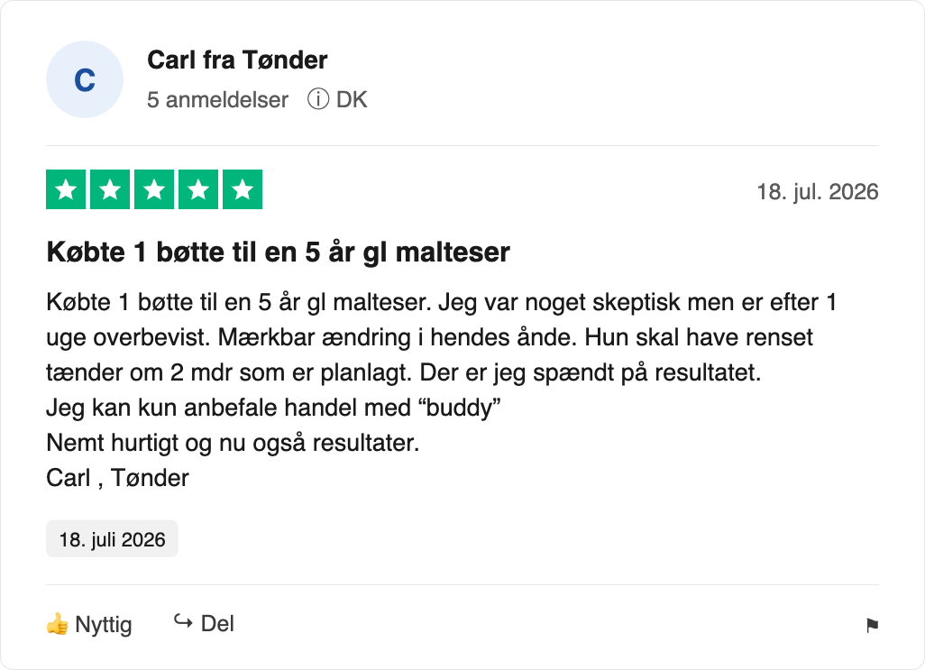 Femstjernet dansk anmeldelse om køb af produkt til 5-årig malteser, positiv ændring i hundens ånde og anbefaling