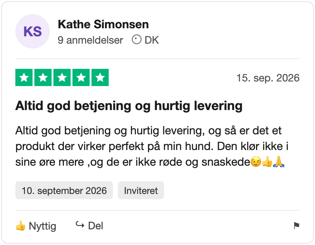 Trustpilot-anmeldelse fra Kathe Simonsen: Altid god betjening og hurtig levering