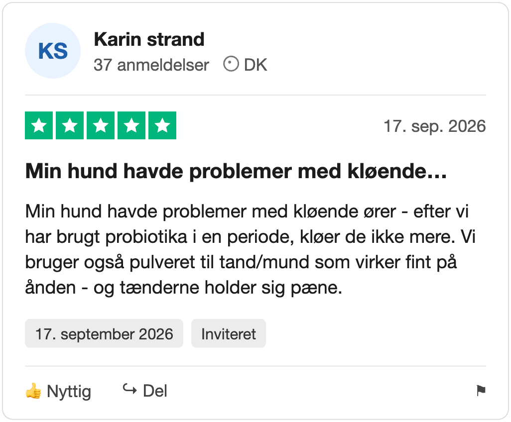 Trustpilot-anmeldelse fra Karin strand: Min hund havde problemer med kløende…