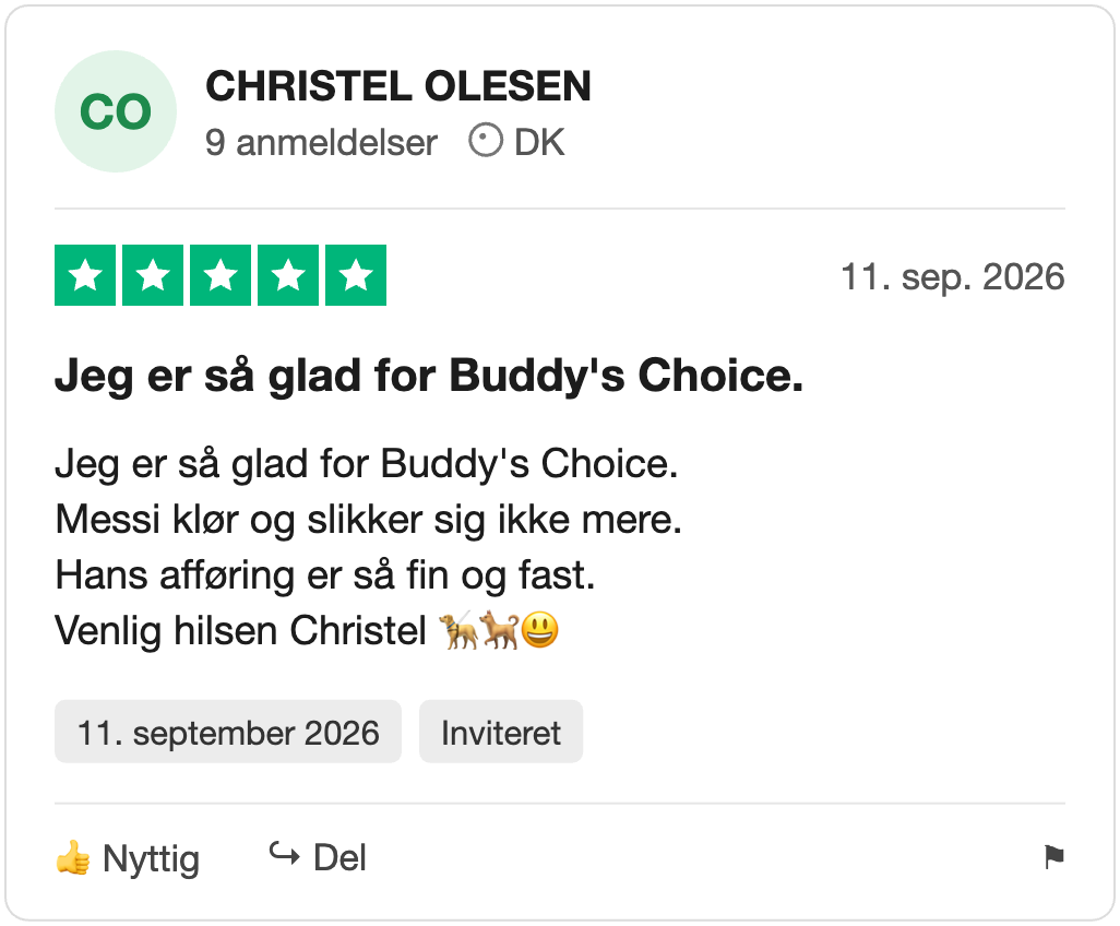 Trustpilot-anmeldelse fra CHRISTEL OLESEN: Jeg er så glad for Buddy's Choice.