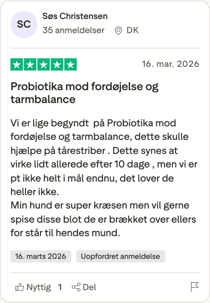 Trustpilot-anmeldelse fra Søs Christensen om Probiotika+ til fordøjelse og tarmbalance