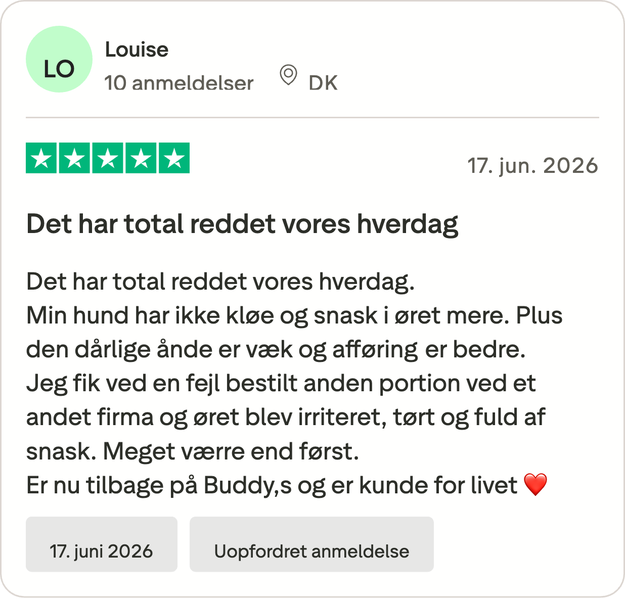 Trustpilot-anmeldelse fra Louise om Probiotika+